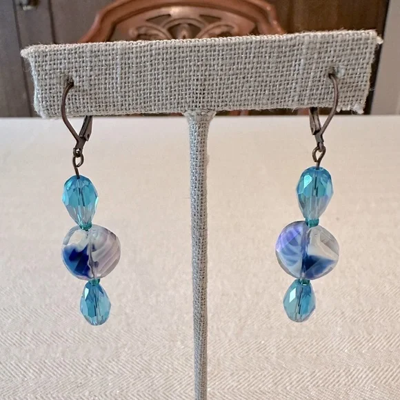 Handmade Antique Copper Teal Blue Green Glass Long Boho Earrings Leverback - Picture 10 of 10
